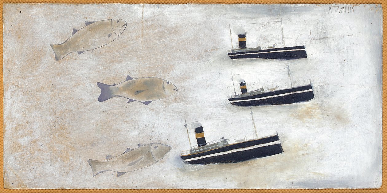 Balık ve Troller (kart üzerinde kurşun kalem ve yağ) by Alfred Wallis