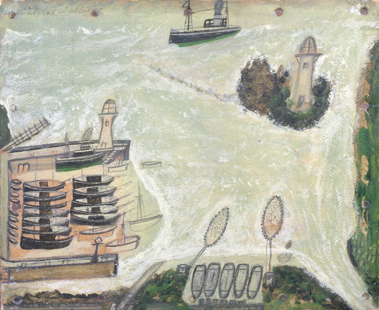 St. Ives Limanı ve Godrevy Deniz Feneri, 1930 dolayları by Alfred Wallis