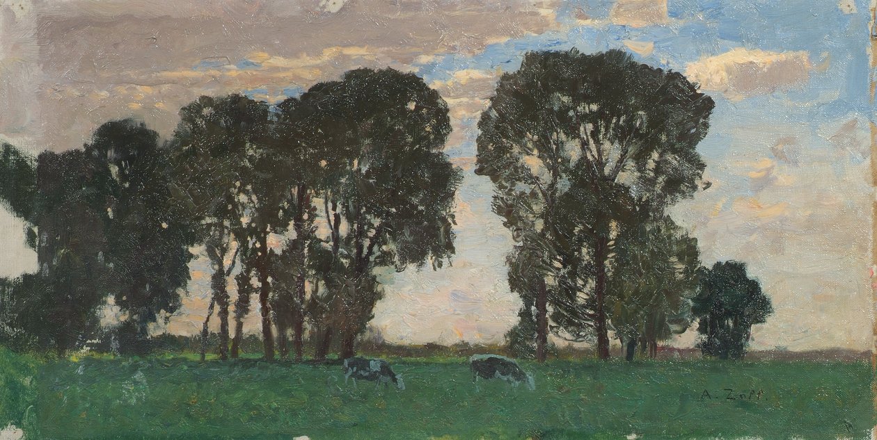 Langenpreising, büyük ağaçları olan sığır mera by Alfred Zoff