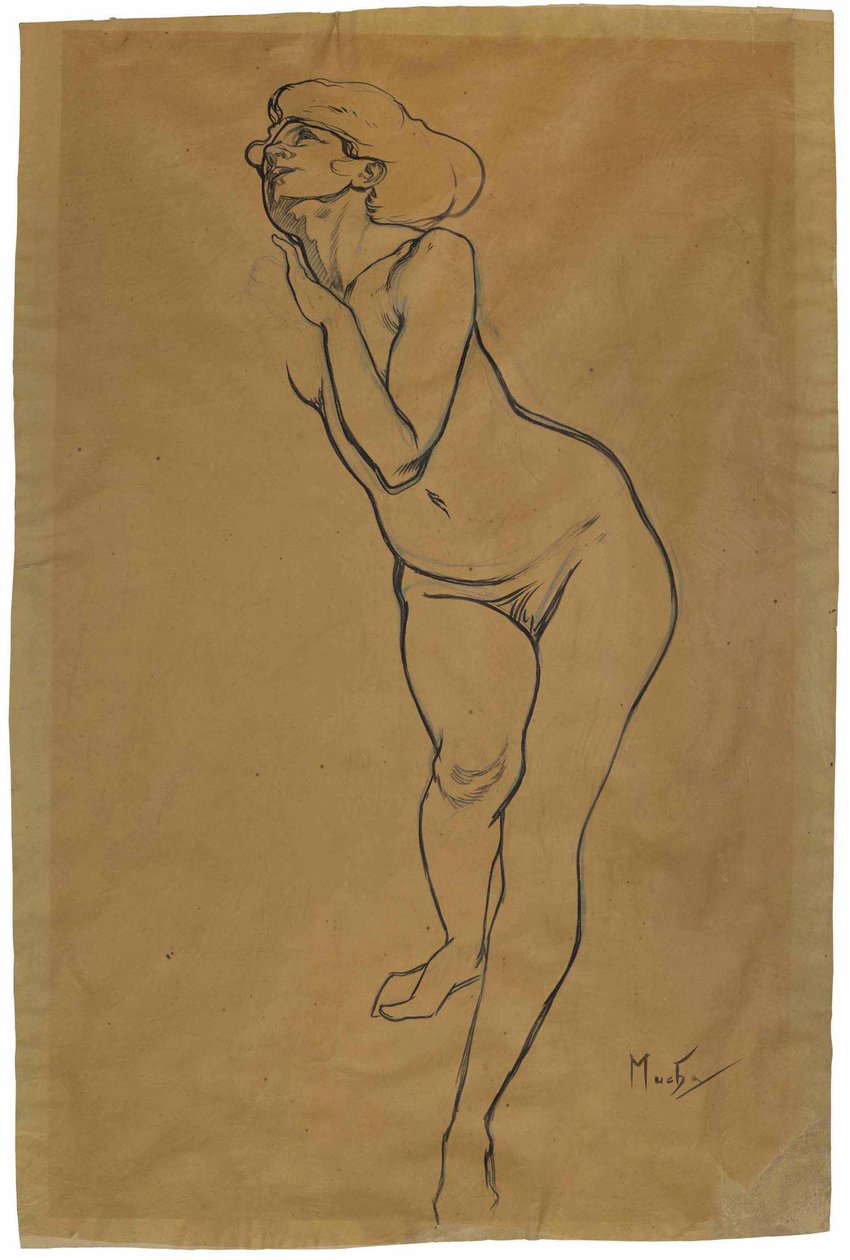 Çıplak kadın ayakta. by Alphonse Mucha