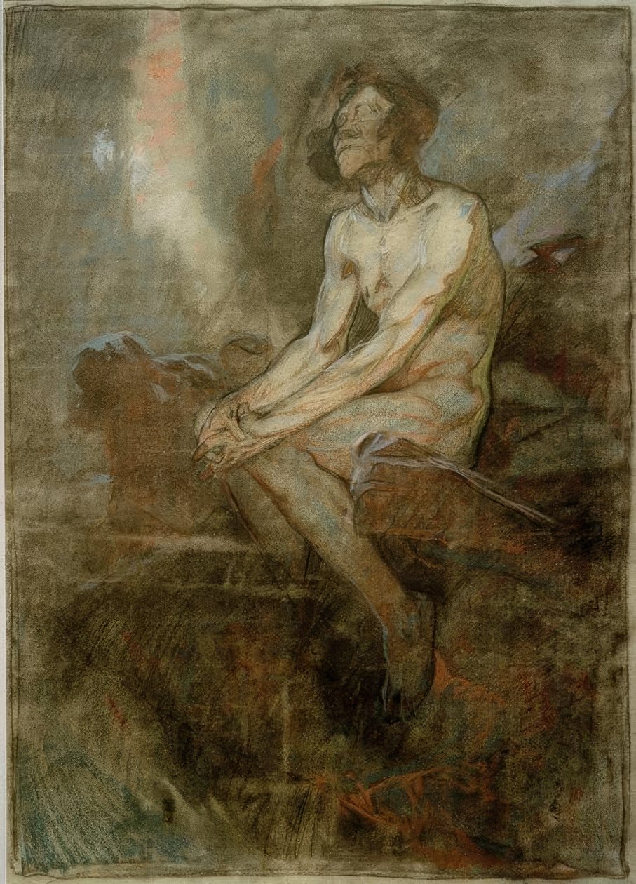 Bir kayanın üzerinde oturan çıplak erkek by Alphonse Mucha