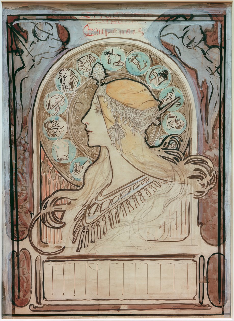 Zodiaque üzerinde çalışma by Alphonse Mucha