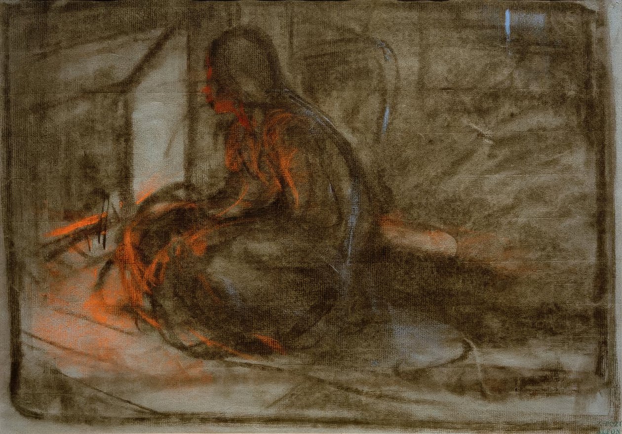 Ateşin önünde oturan kadın by Alphonse Mucha