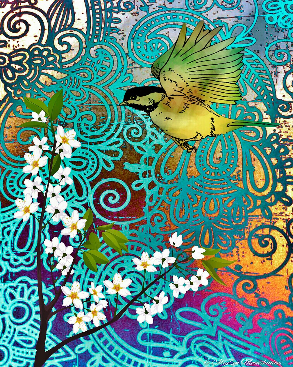 Bird with Cherry Blossoms, 2014, (dijital karışık medya fonografisi) by AlyZen Moonshadow