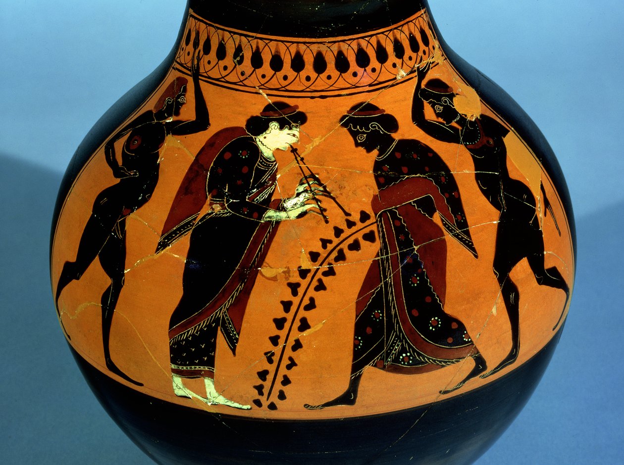 Tavan arası siyah figürlü oinochoe, dansçılar ve kamış enstrüman (seramik) çalan bir kadın ile bir içki partisi sahnesi ile dekore edilmiştir. by Amasis Painter