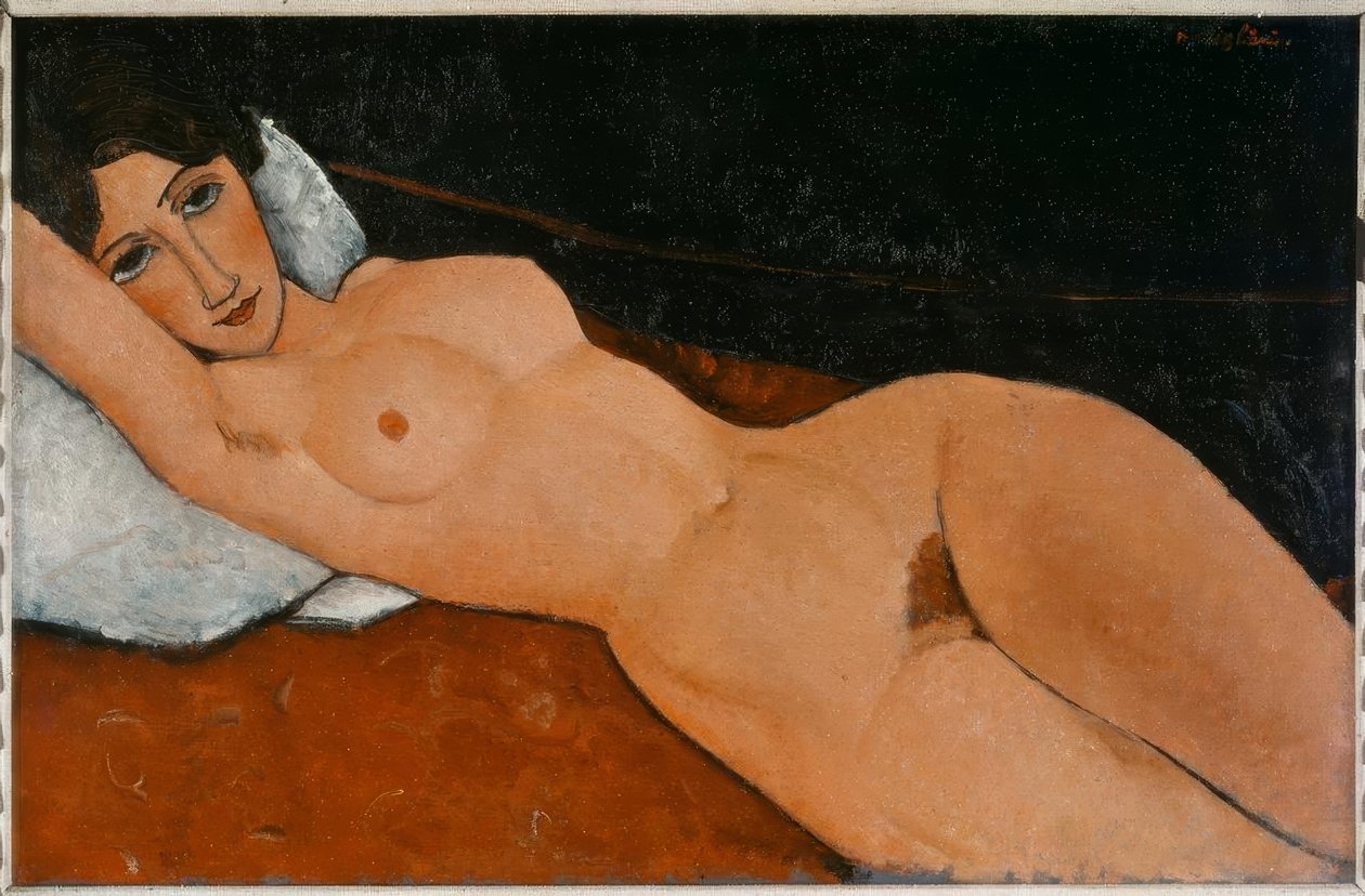 Beyaz bir yastıkta çıplak uzanmış by Amedeo Modigliani