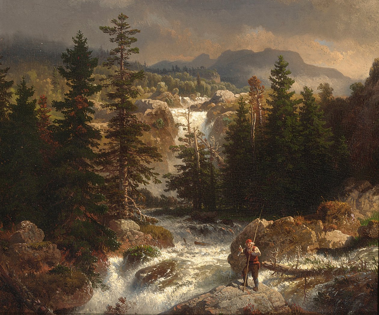 Bir balıkçı sel üzerinde avını inceliyor by Andreas Achenbach