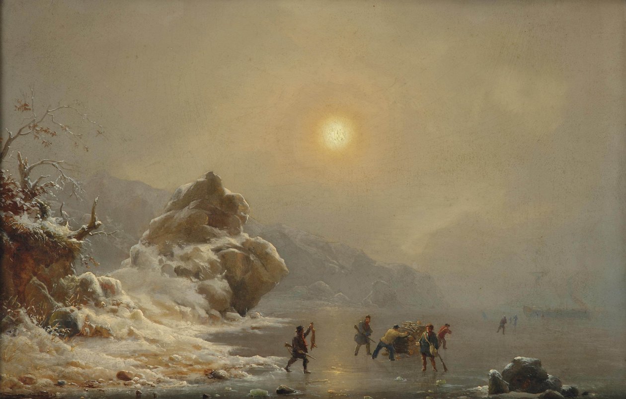 Buz üzerinde avcılarla bir kış manzarası by Andreas Achenbach