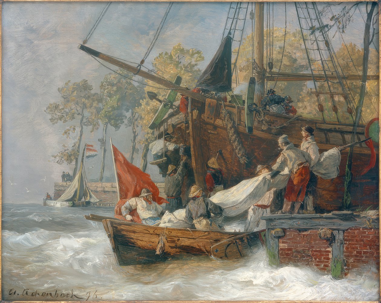 Deniz fırtınalı olduğunda liman girişi by Andreas Achenbach