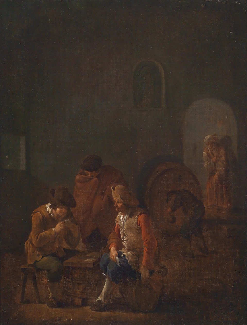 Tonozlu bir mahzende iskambil oynayan ve içki içen köylüler by Andries Both