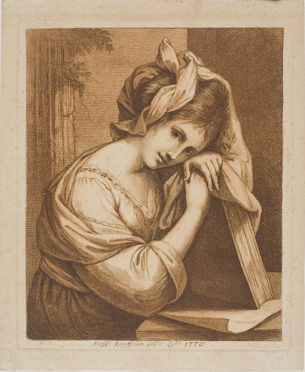 Başını Bir Kitap Üzerinde Dinleyen Kadın by Angelica Kauffmann