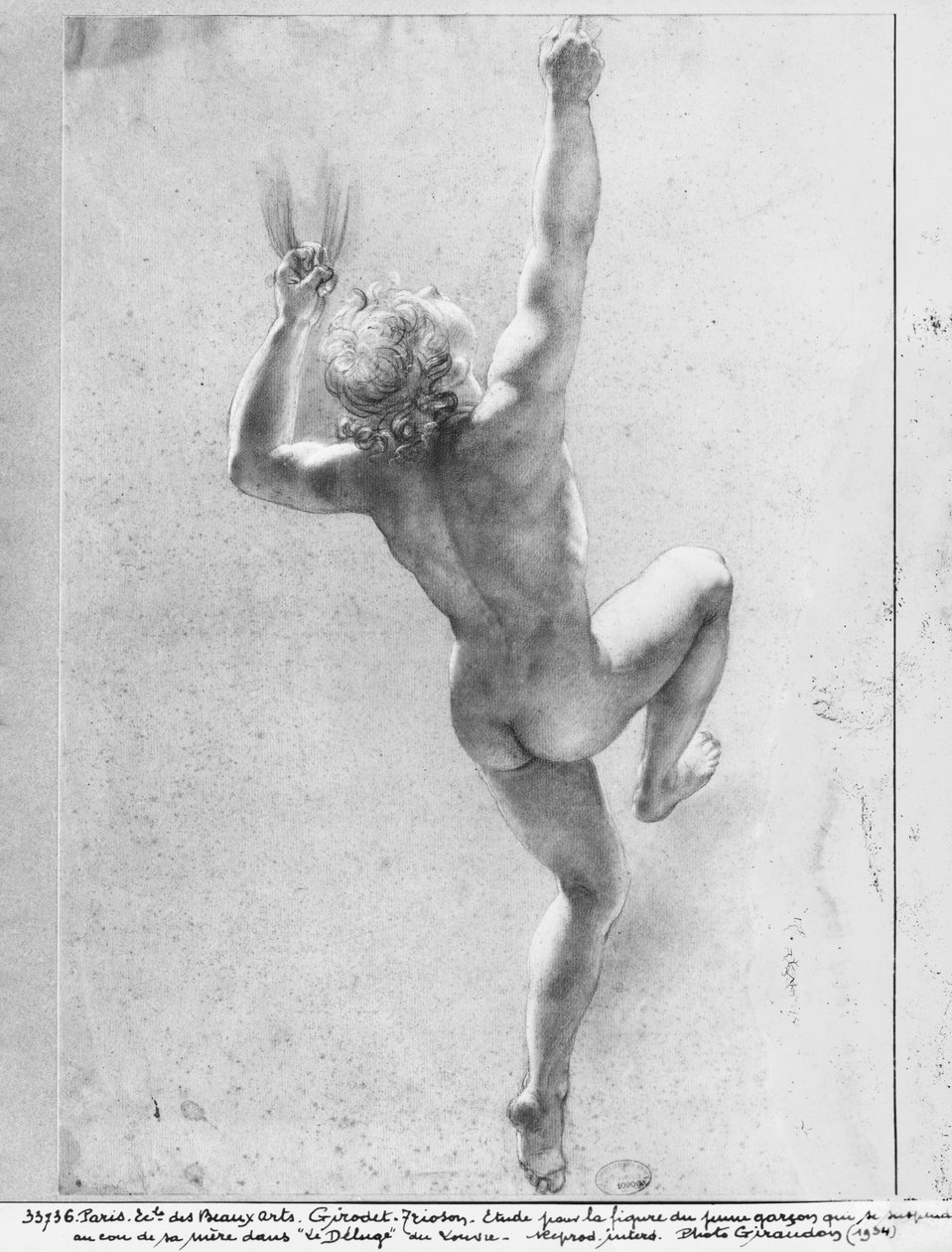 Flood scene, study of the naked young boy (black pencil und chalk on grey paper)  by Anne Louis Girodet de Roucy Trioson