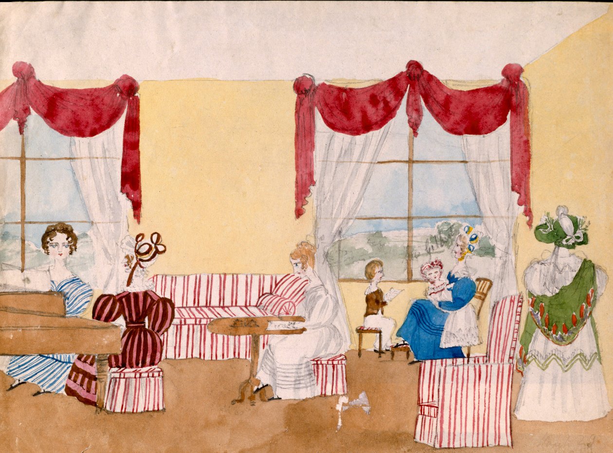 Kadınlar ve çocuklarla iç mekan, c.1830, İngiliz, sulu boya by Unbekannt Unbekannt