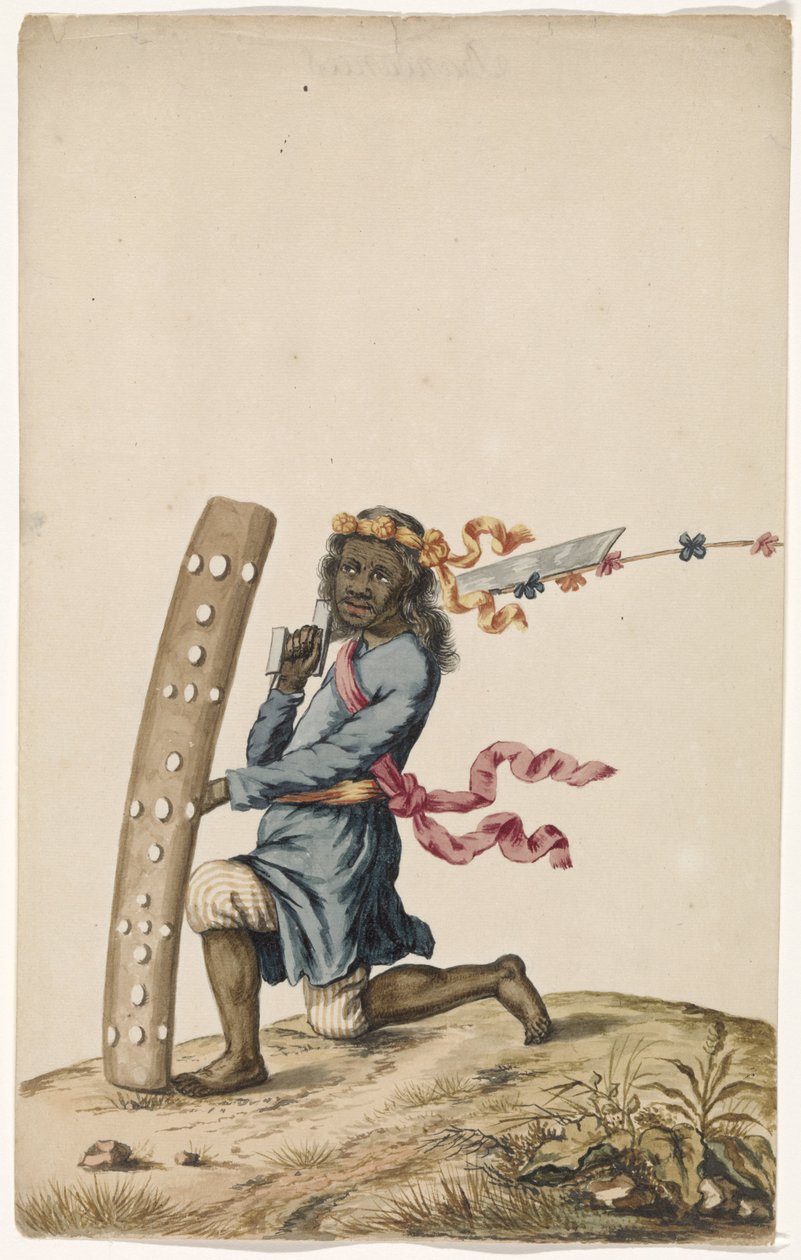 Mavi cüppeli Ambonese dans eden savaşçı by Anonymous