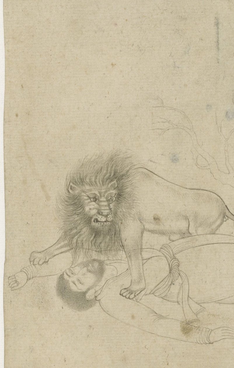 bir adama saldıran aslan by Anonymous