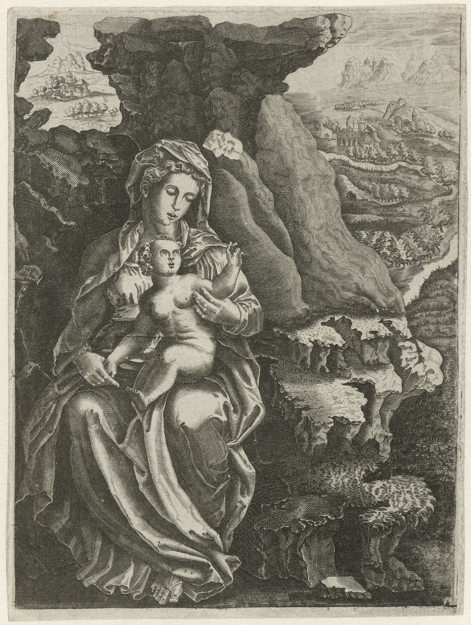 Kayalık bir manzarada çocuklu Mary by Anonymous
