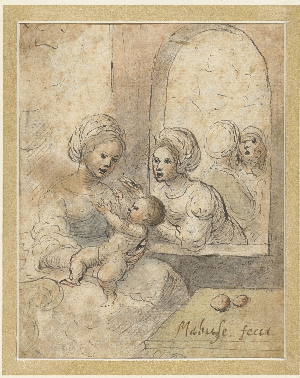 Mary ve çocuk ve diğer üç figür by Anonymous