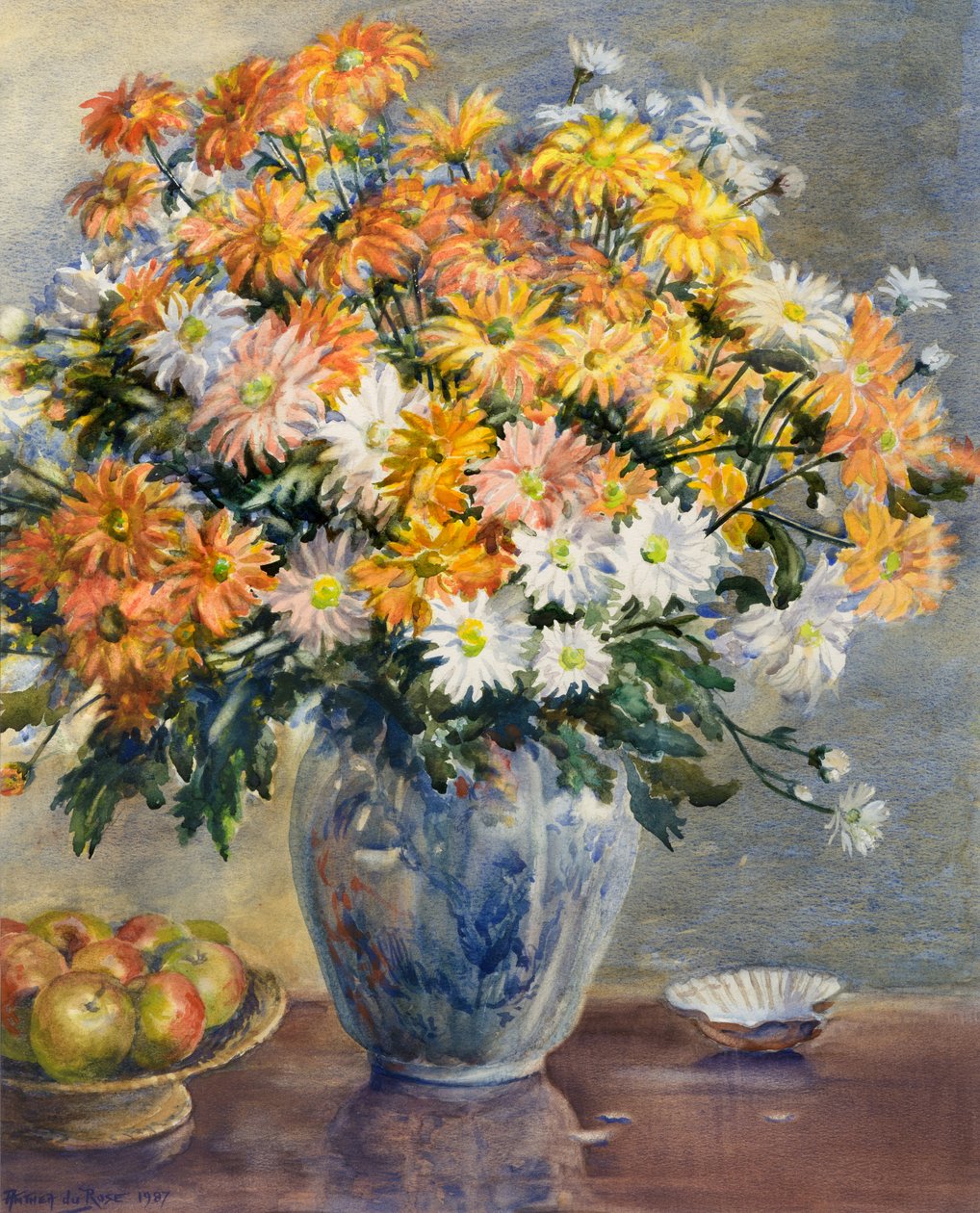 Mavi Beyaz Vazoda Krizantemler by Anthea Durose
