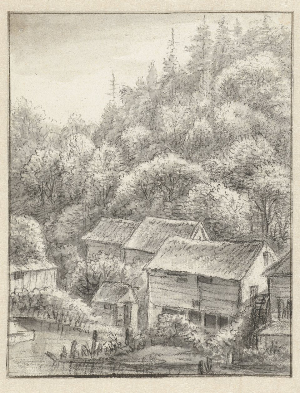 Ormanlık bir yamaçta evler by Anthonie Waterloo