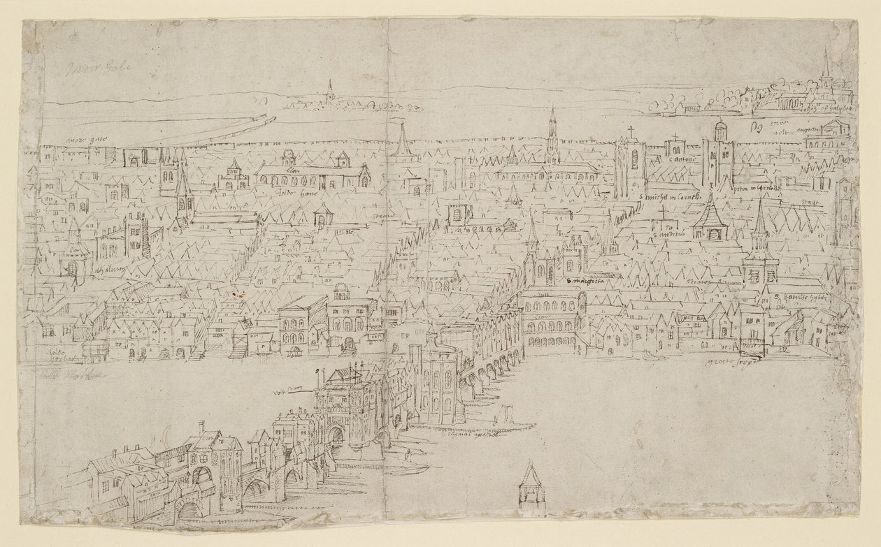 London Bridge, 'The Panorama of London'dan, c.1544 (kağıt üzerine kalem, mürekkep ve tebeşir) by Anthonis van den Wyngaerde