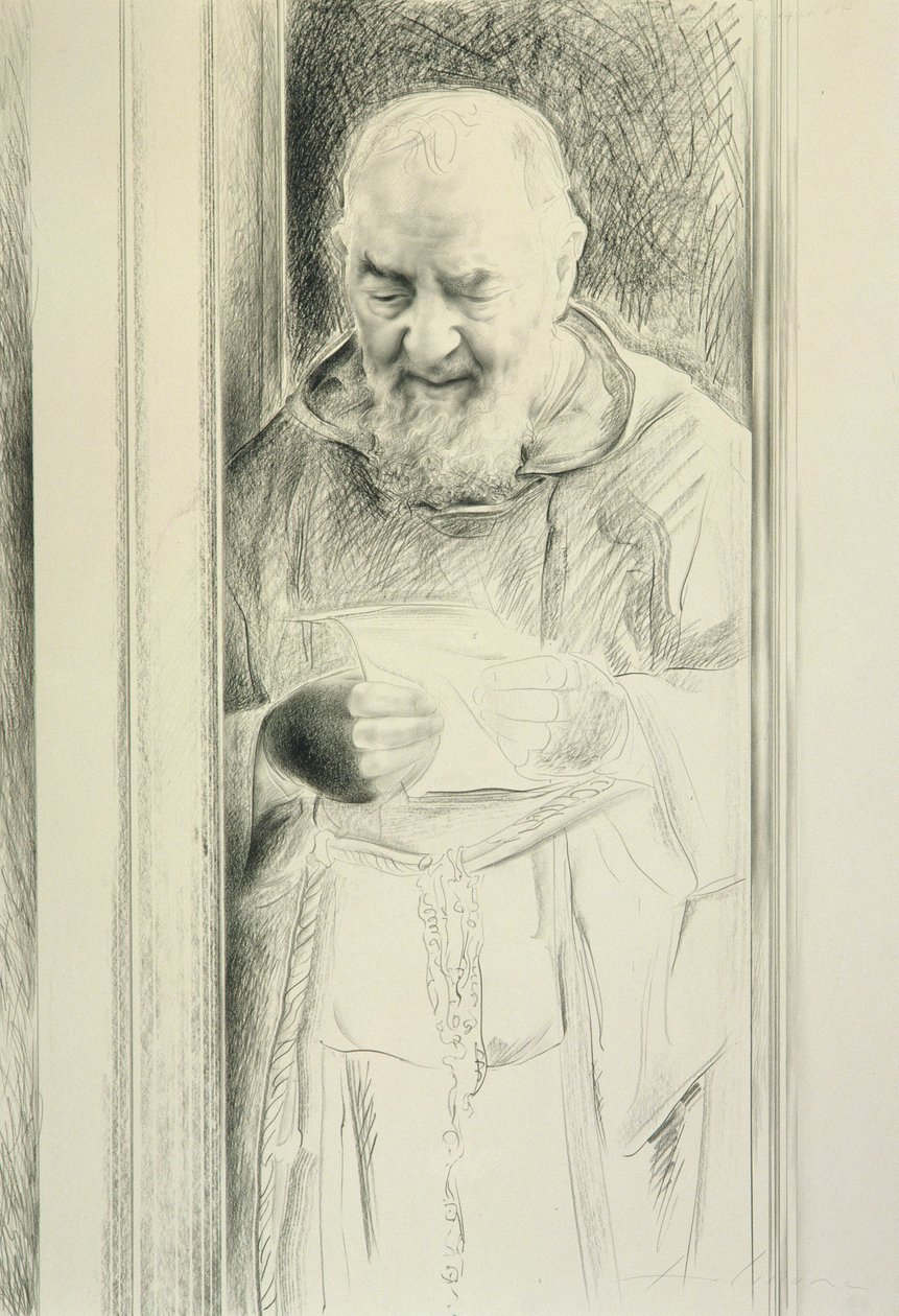 Padre Pio Reading, 1988-89 (kağıt üzerinde karakalem) by Antonio Ciccone