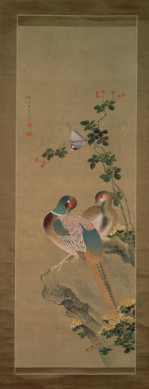 Sülün, şakrak kuşu, çiçekler ve kaya, c.1800 (ipek üzerine mürekkep ve renkler) by Ariwara Baikei