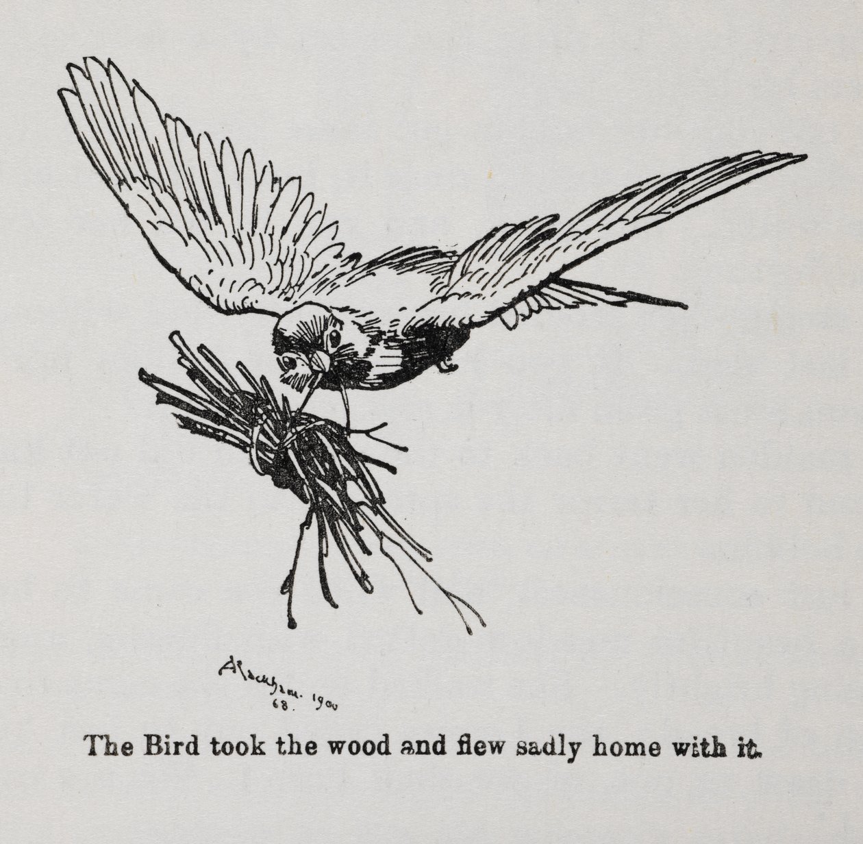 Bir demet dal taşıyan bir kuş. by Arthur Rackham
