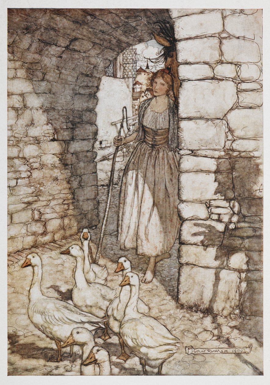 Kazları olan bir kız. by Arthur Rackham