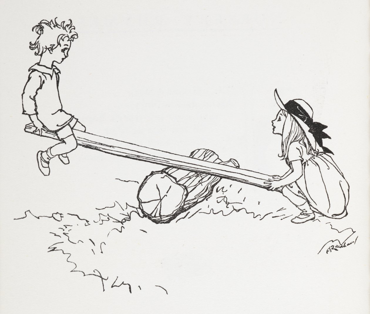 Bir testere üzerinde iki çocuk. by Arthur Rackham