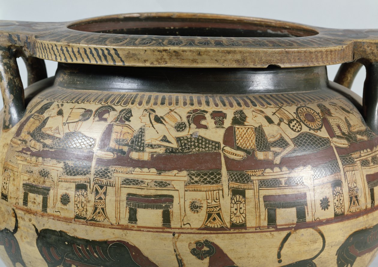 Detail of a Corinthian krater with a banquet scene, c.590-575 BC (pottery) by Athana Painter