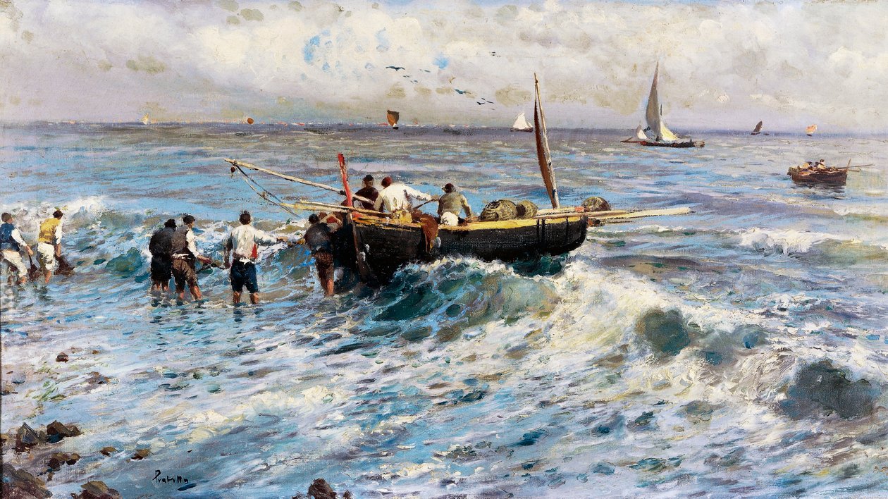 Balıkçılar ile deniz manzarası (resim) by Attillo Pratella