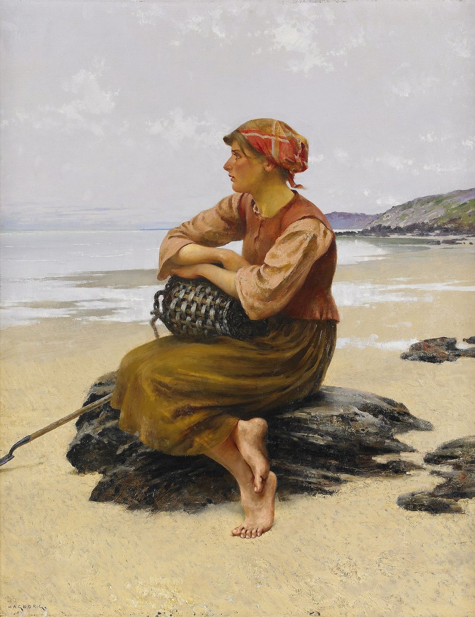 Sittande ostronplockerska pa stranden by August Hagborg