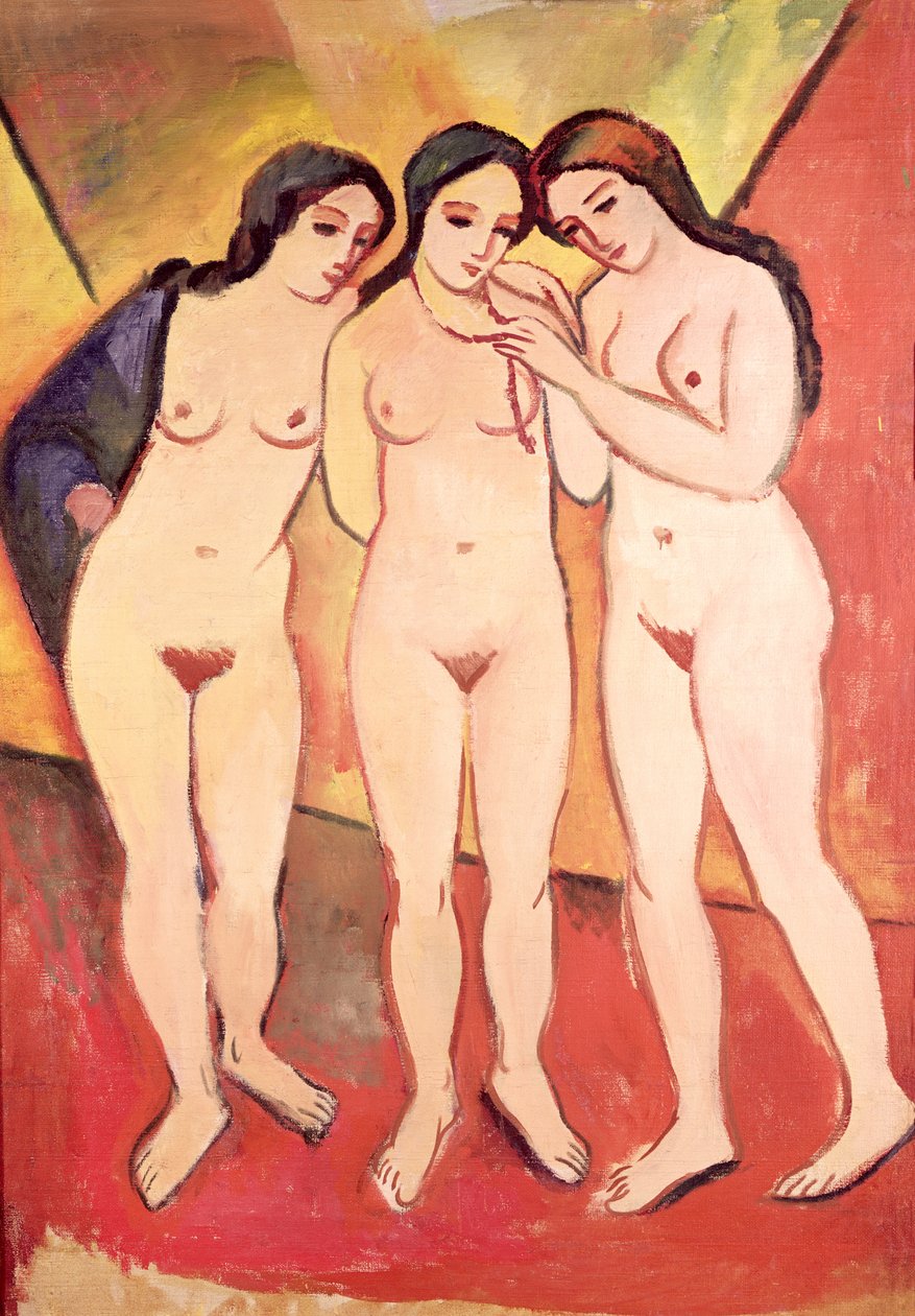 Üç Çıplak Kız (kırmızı ve turuncu) by August Macke