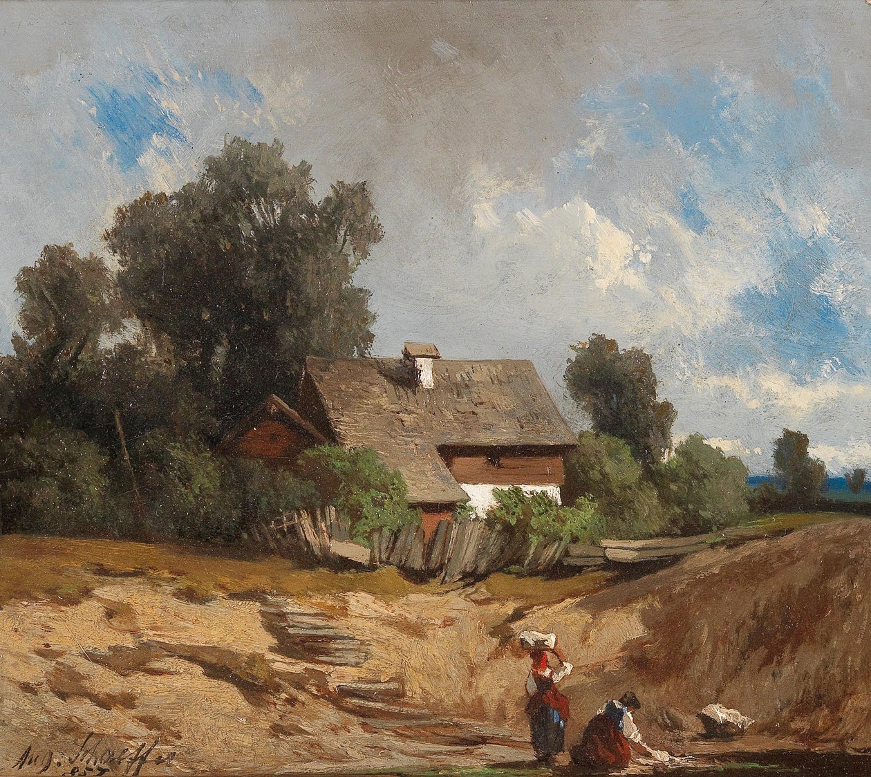 Nehir kenarındaki çamaşırcı kadınlar by August Schaeffer von Wienwald