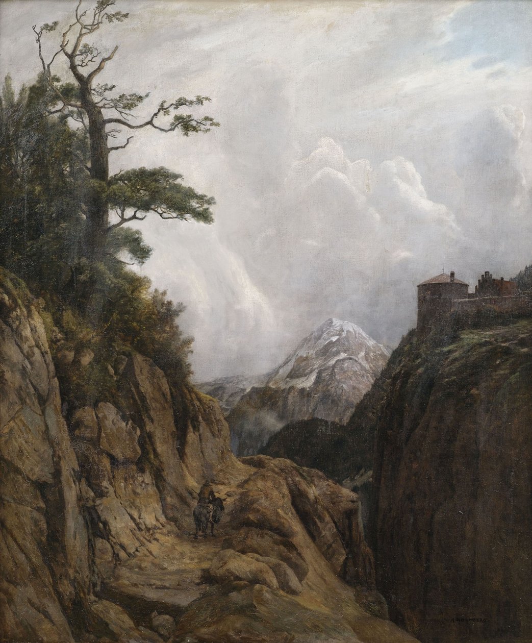 Yüksek dağ manzarasında eşek binicisi by August Holmberg
