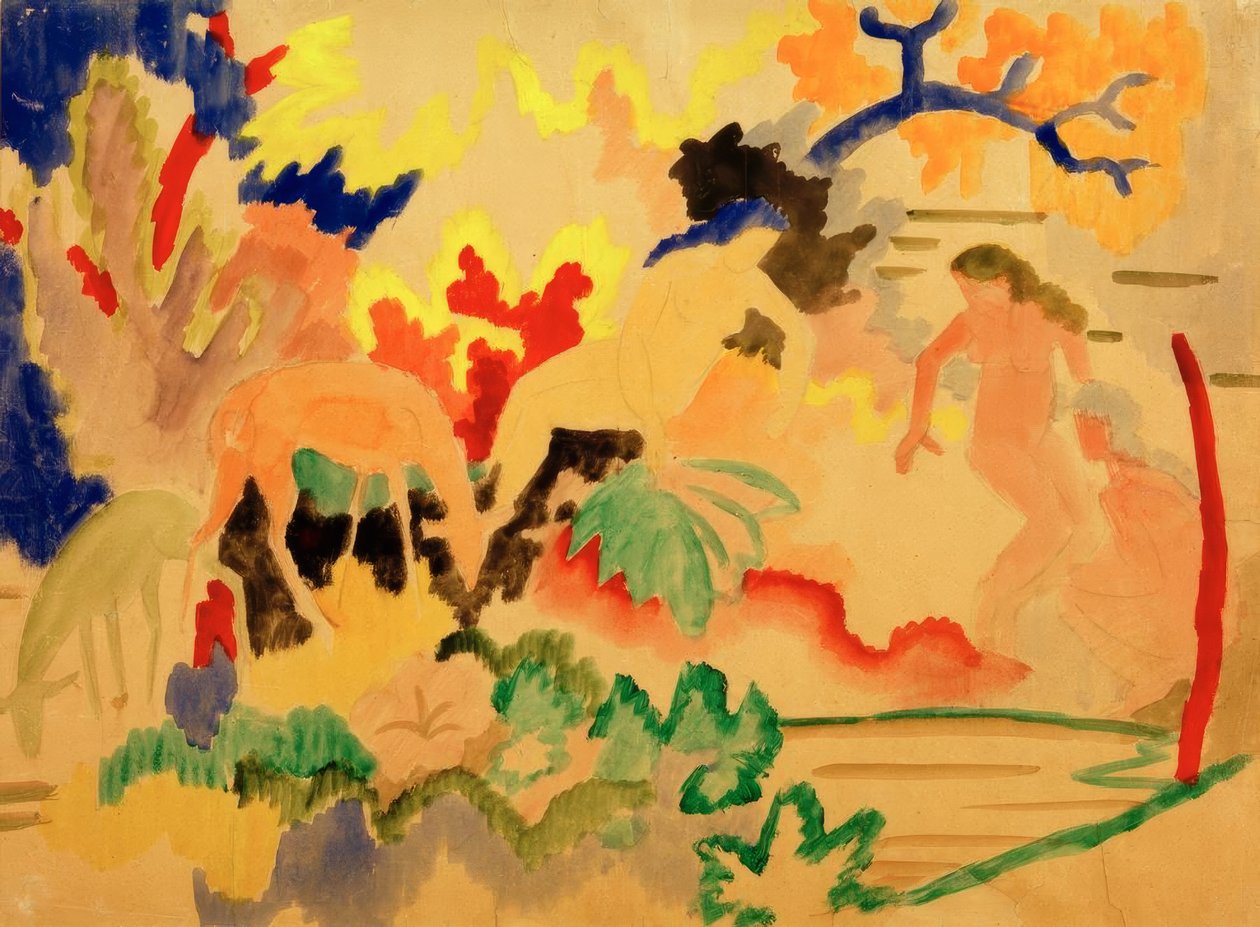 Su kenarında geyik ile üç çıplak by August Macke
