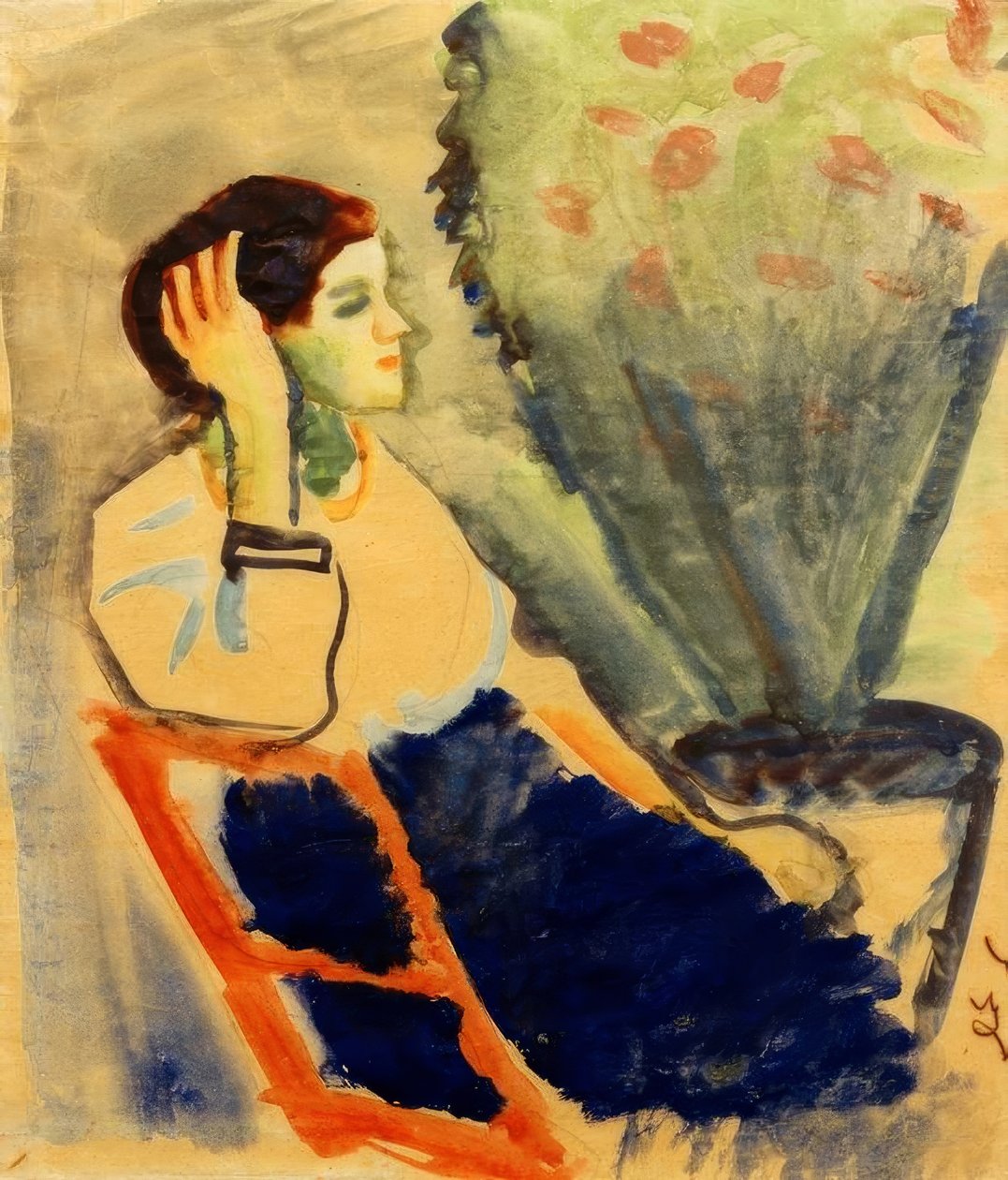 Kadın kırmızı sandalyede by August Macke