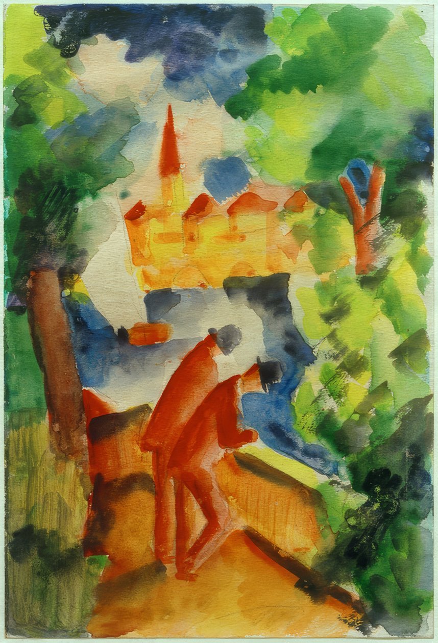 Erkekler göl kenarında terasta by August Macke