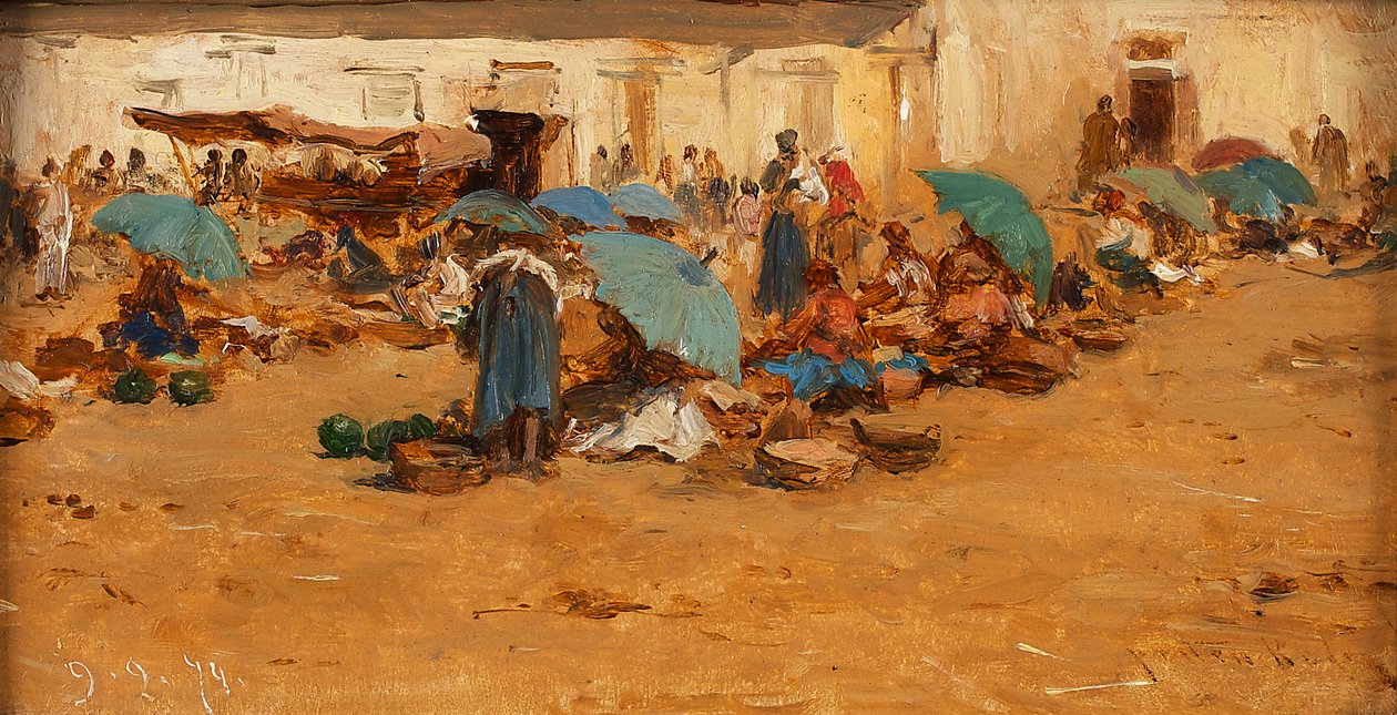Mavi şemsiyeli Macar pazarı by August von Pettenkofen