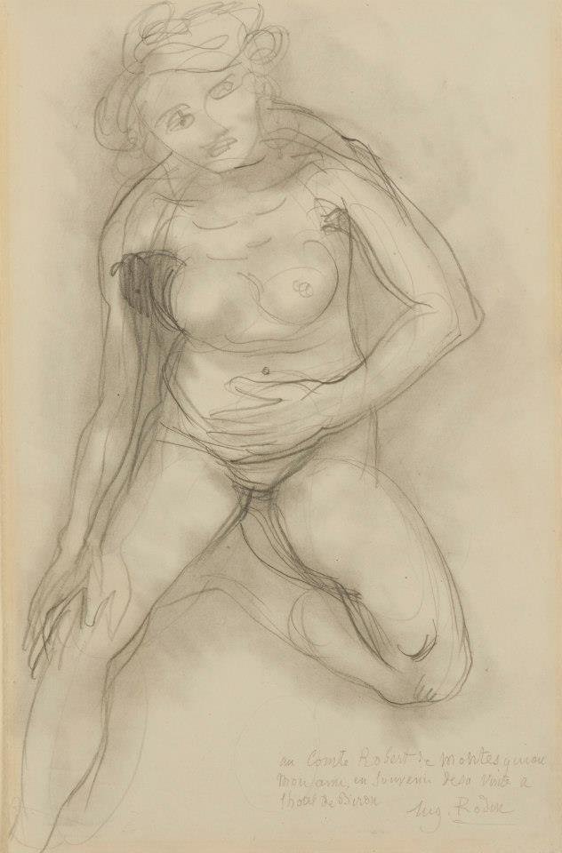 Yüz yüze oturan çıplak bir kadın, bir bacak yukarı çekilmiş by Auguste Rodin