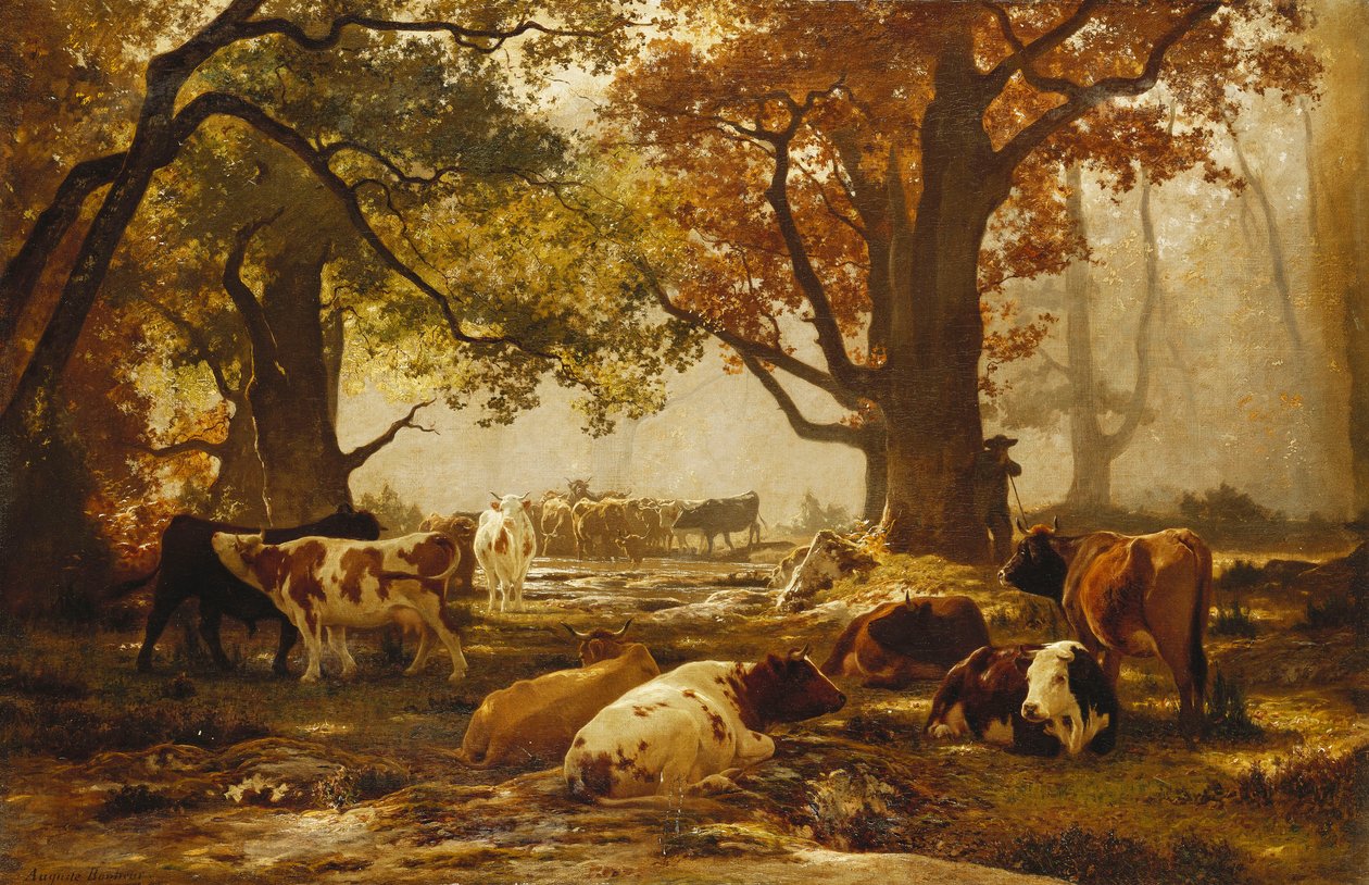 Ormanlık Bir Nehir Manzarasında Sığır, by Auguste Francois Bonheur