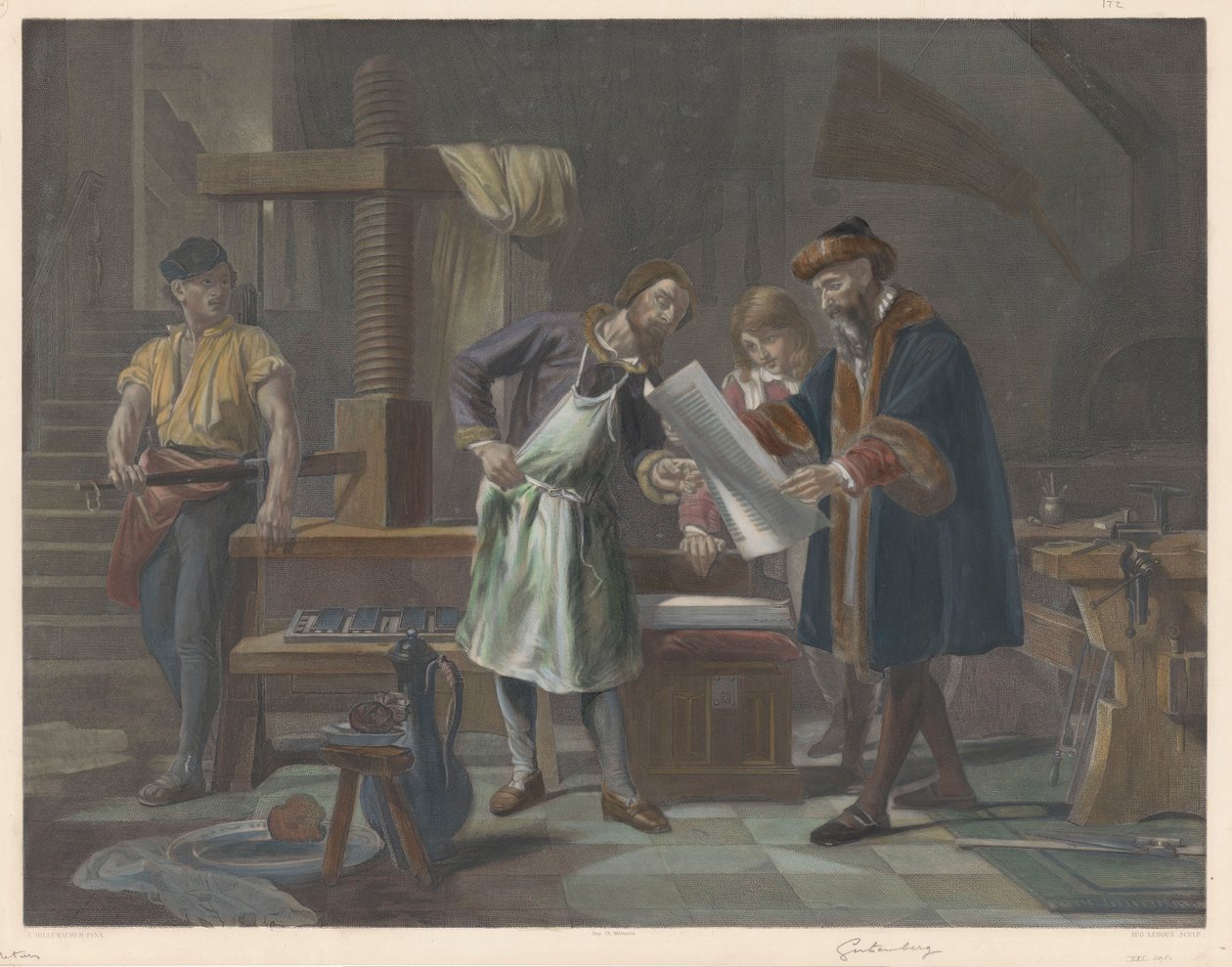 Johannes Gutenberg'in matbaasının içi by Auguste Ledoux