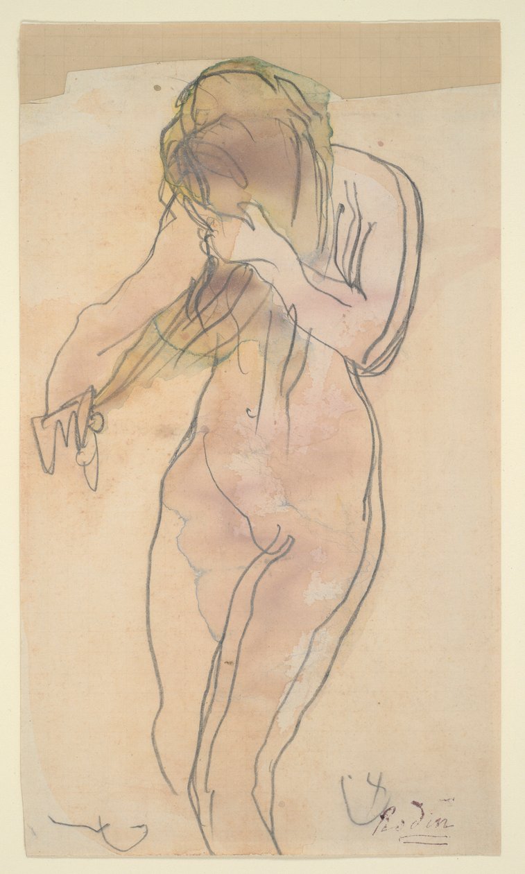 Çıplak çalışma (ayakta durmak, saçını taramak) by Auguste Rodin