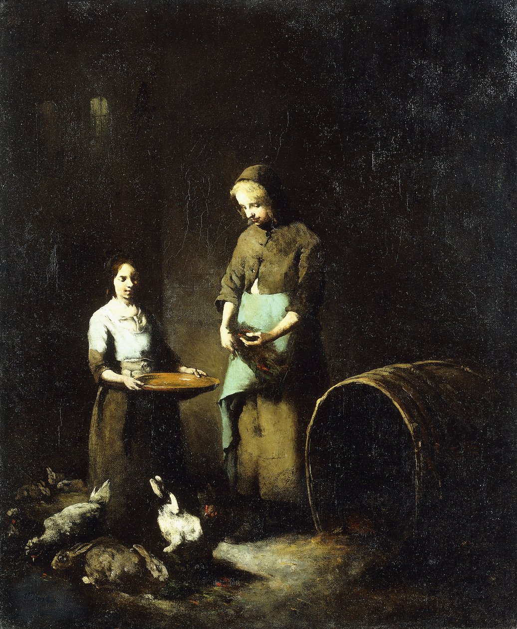 Ahır Hayvanlarını Besleyen Genç Köylü Kızları, by Auguste Theodule Ribot