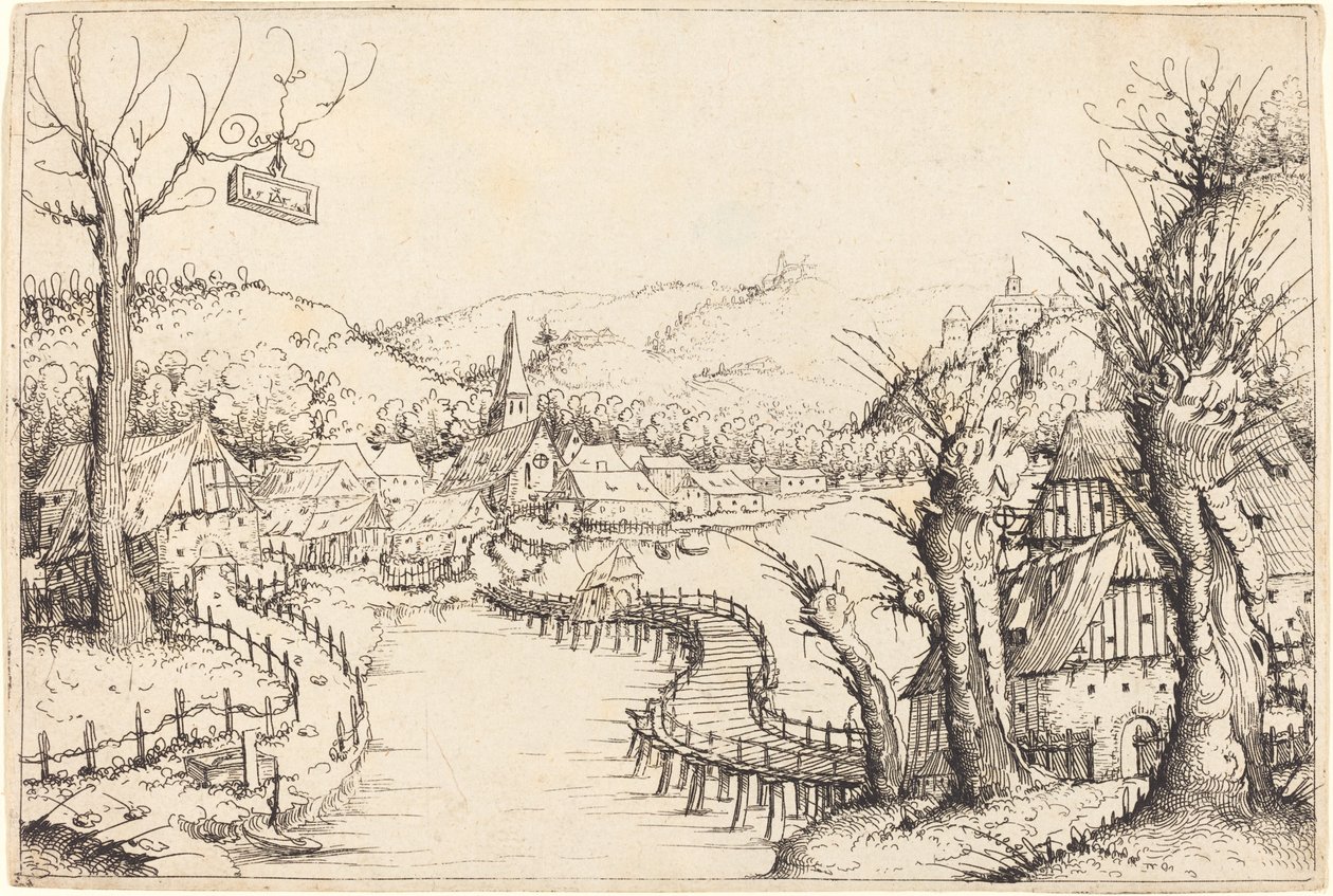 Ahşap Köprülü Nehir Manzarası by Augustin Hirschvogel