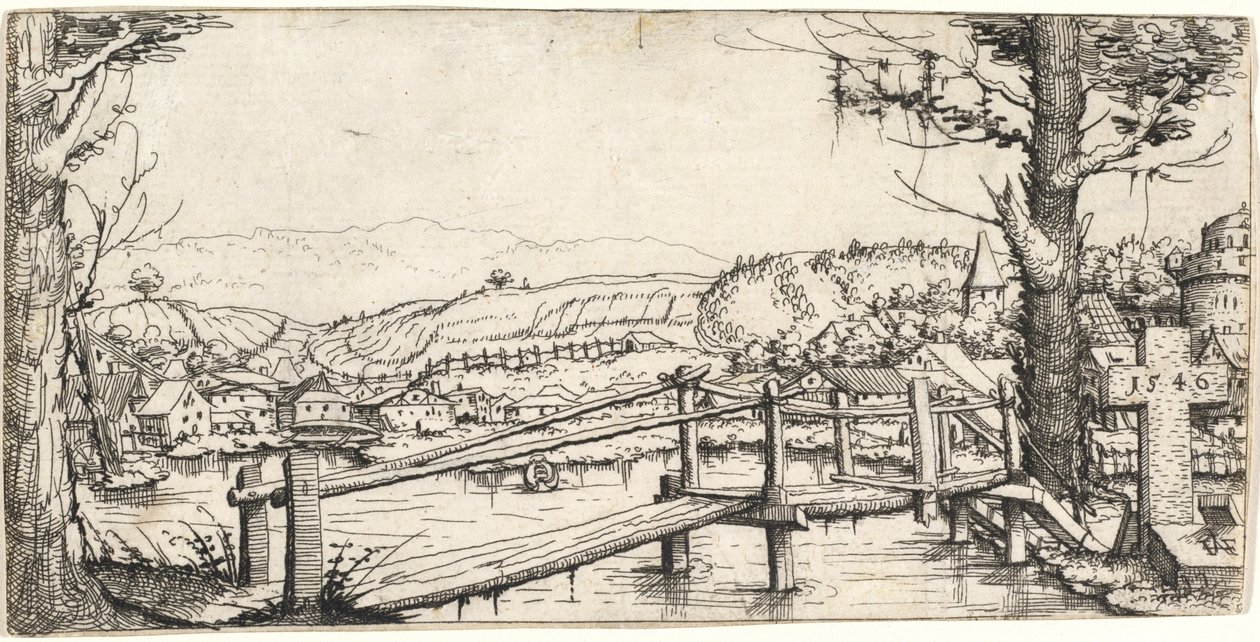 Bir yaya köprüsü ile nehir manzarası by Augustin Hirschvogel