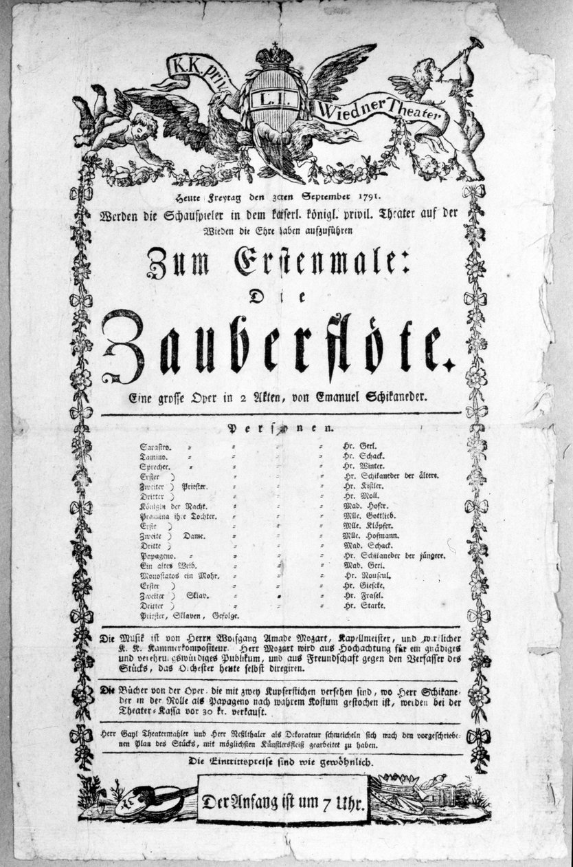 Poster advertising the premiere of `The Magic Flute