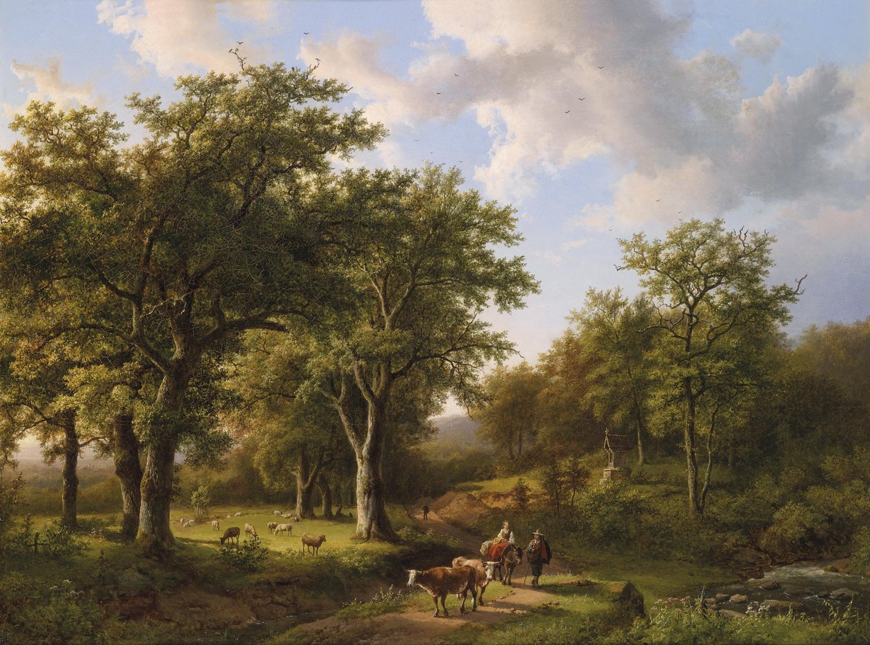 Çobanlar ve sığırlarla dolu orman manzarası by Barend Cornelis Koekkoek
