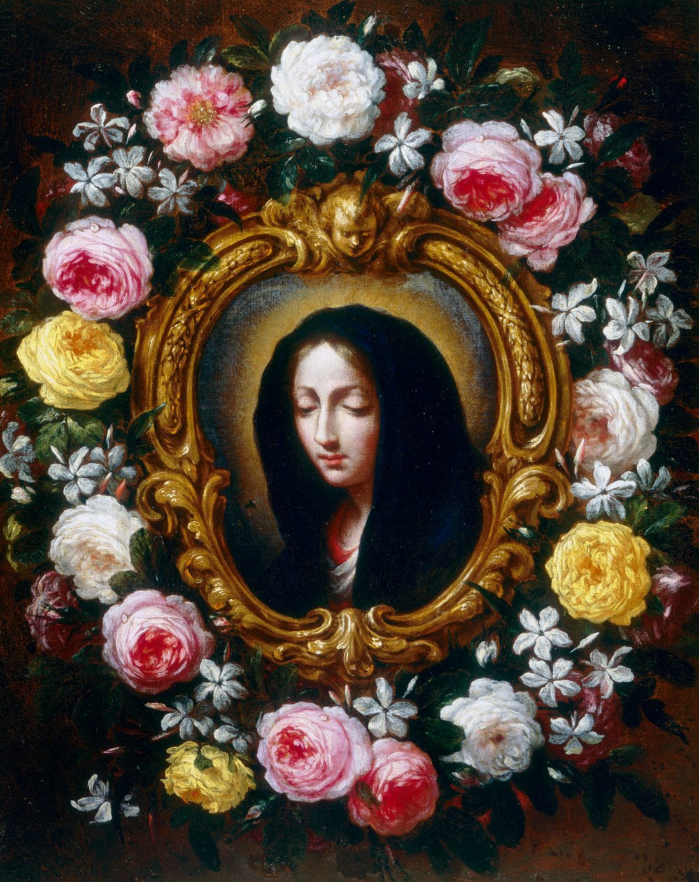 Madonna bir gül ve yasemin çelengi içinde by Bartolomeo Bimbi