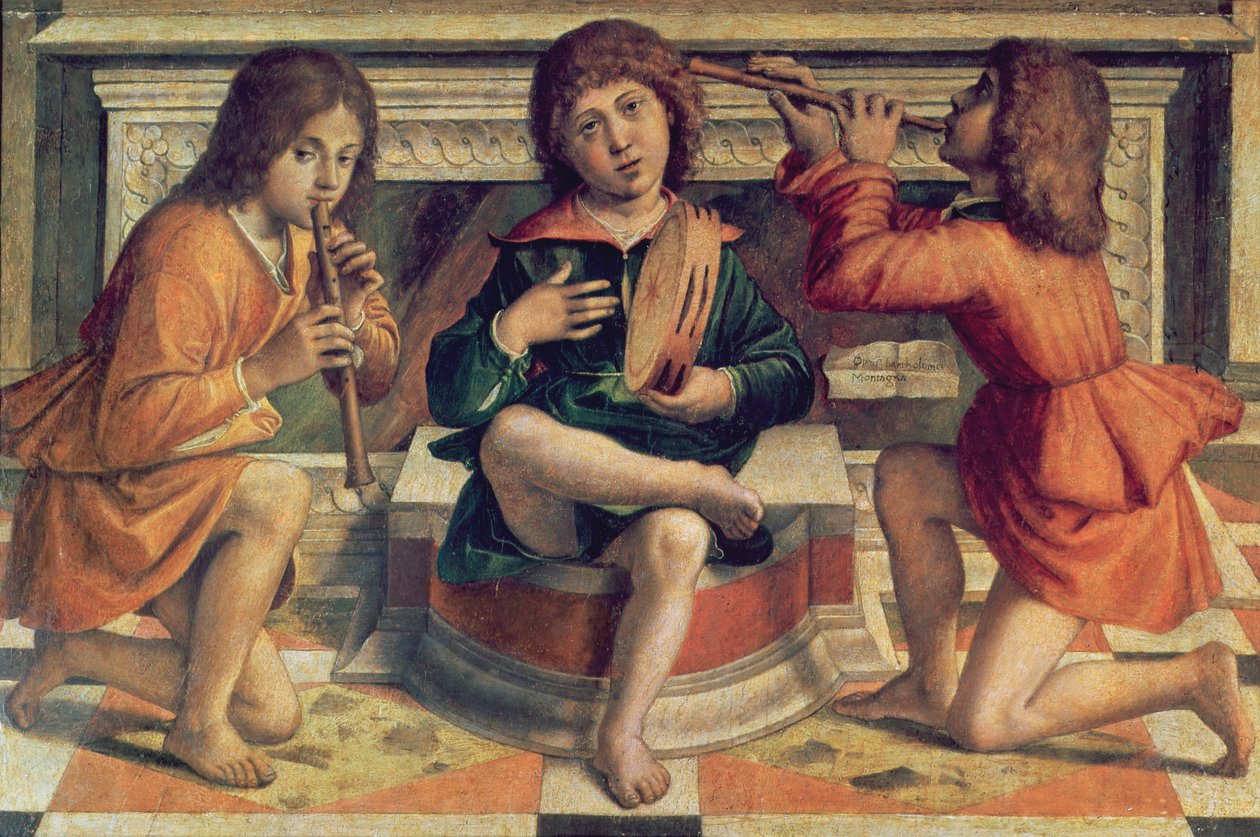 Üç melek müzisyen (tahta üzerine yağlı boya) by Bartolomeo Montagna